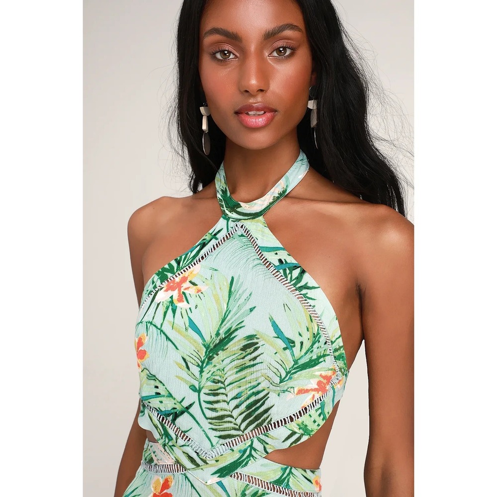 Lulus St Tropez Womens Sz Sm Tropical Floral Blue Halter Dress Asymmetrical $84 - Picture 3 of 16